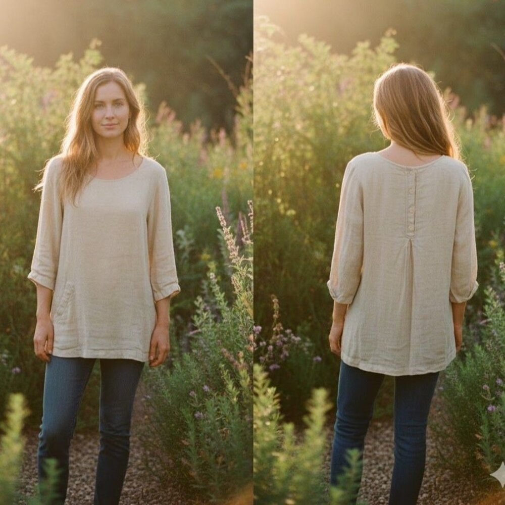 FLAX 100% Linen Tunic Top S Natural Sand Button Back Detail Lagenlook Coastal